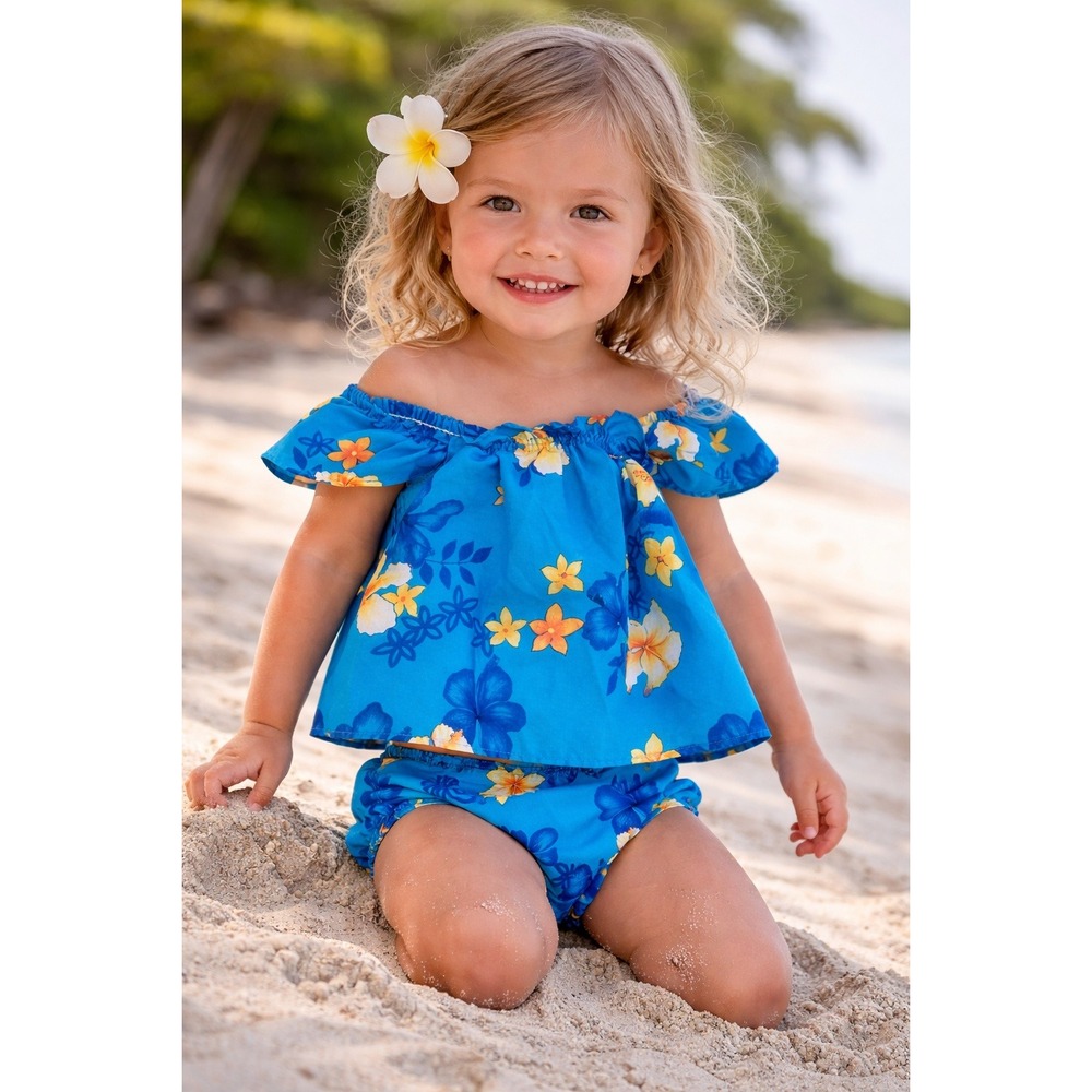 VTG Hawaiian Dress‎ 2-piece Girl Size 3 POMARE Blue Floral w/matching Bloomer